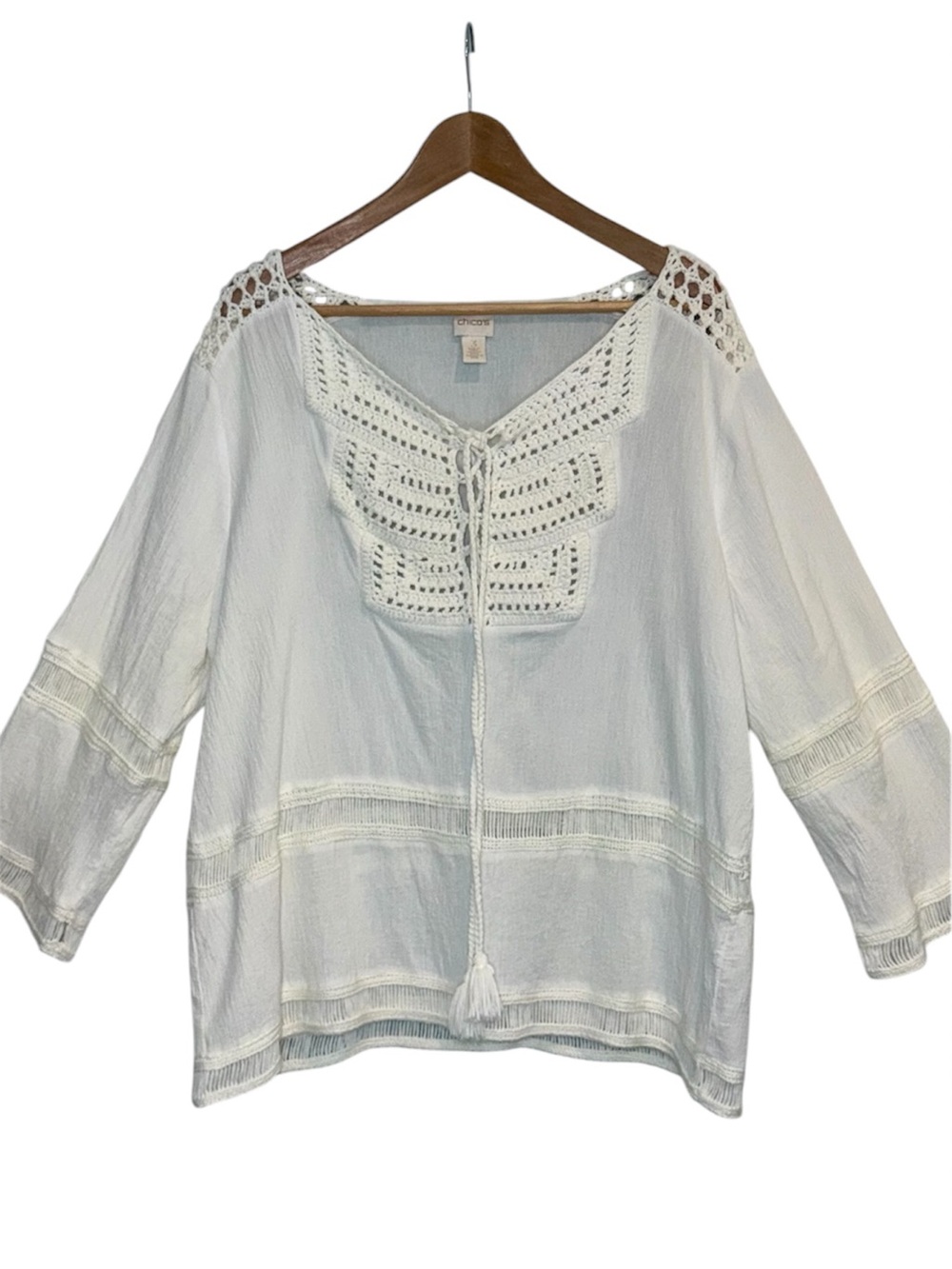 Chico’s Crochet Blouse Size 3 Women’s Peasant Top 1X (16/18) Tassel Ties Boho